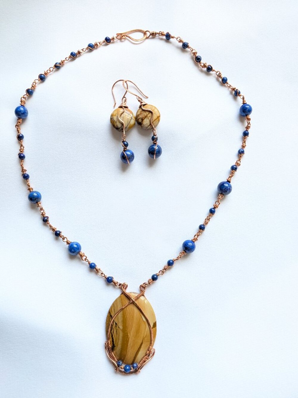 Copper Jewelry Set Chain Necklace with Lapis Lazuli and Picture Jasper Gemstones
